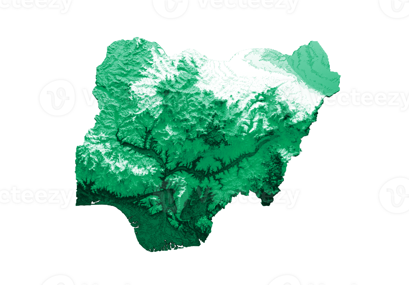 Nigeria map with the flag Colors Shaded relief map 3d illustration png