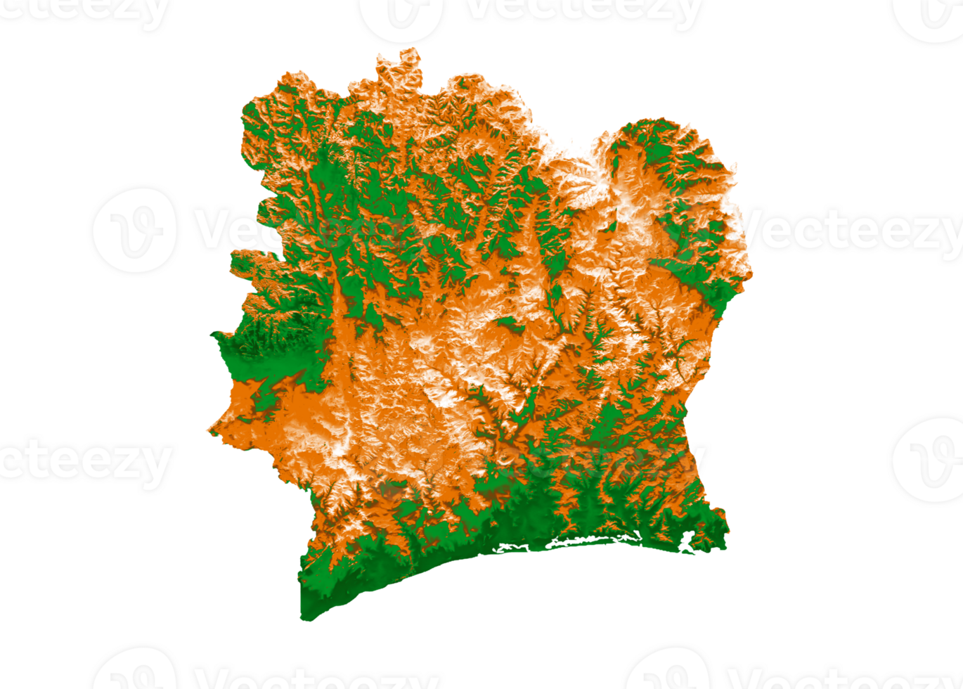 Ivory Coast map with the flag Colors Green and yellow Shaded relief map 3d illustration png