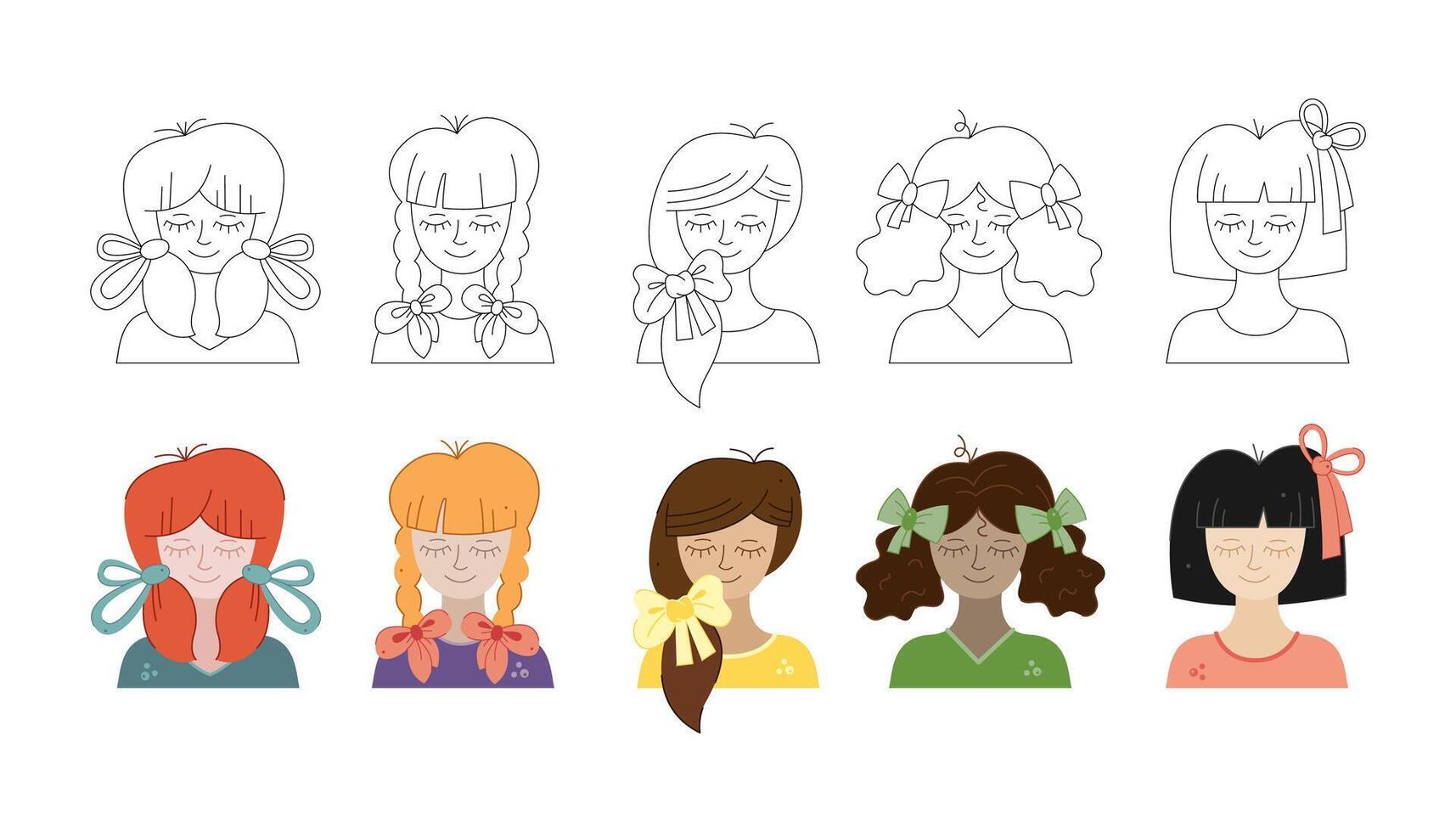 Set with 10 girls with hairstyles and hair bows. Black, white and color doodle illustration. vector