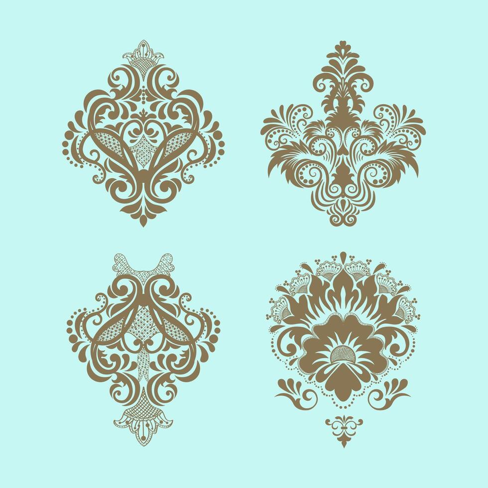 Damask ornamental elements sets symmetric floral shapes vector