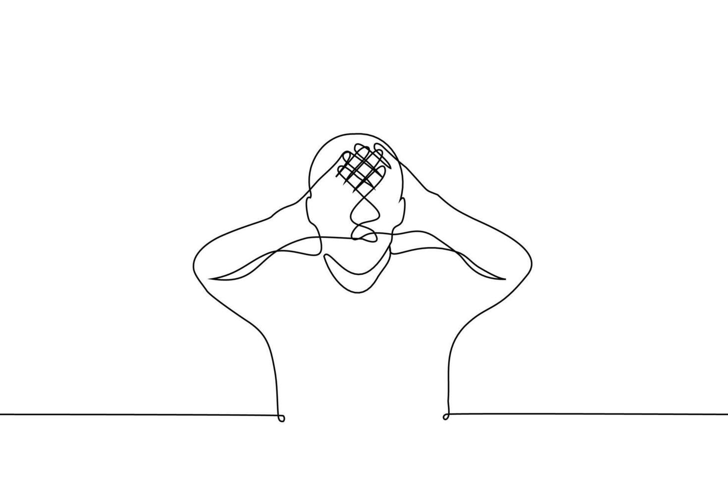 man crossed his palms and looks through the small space between them - one line drawing . concept be able to focus, be focused, attentive to details vector