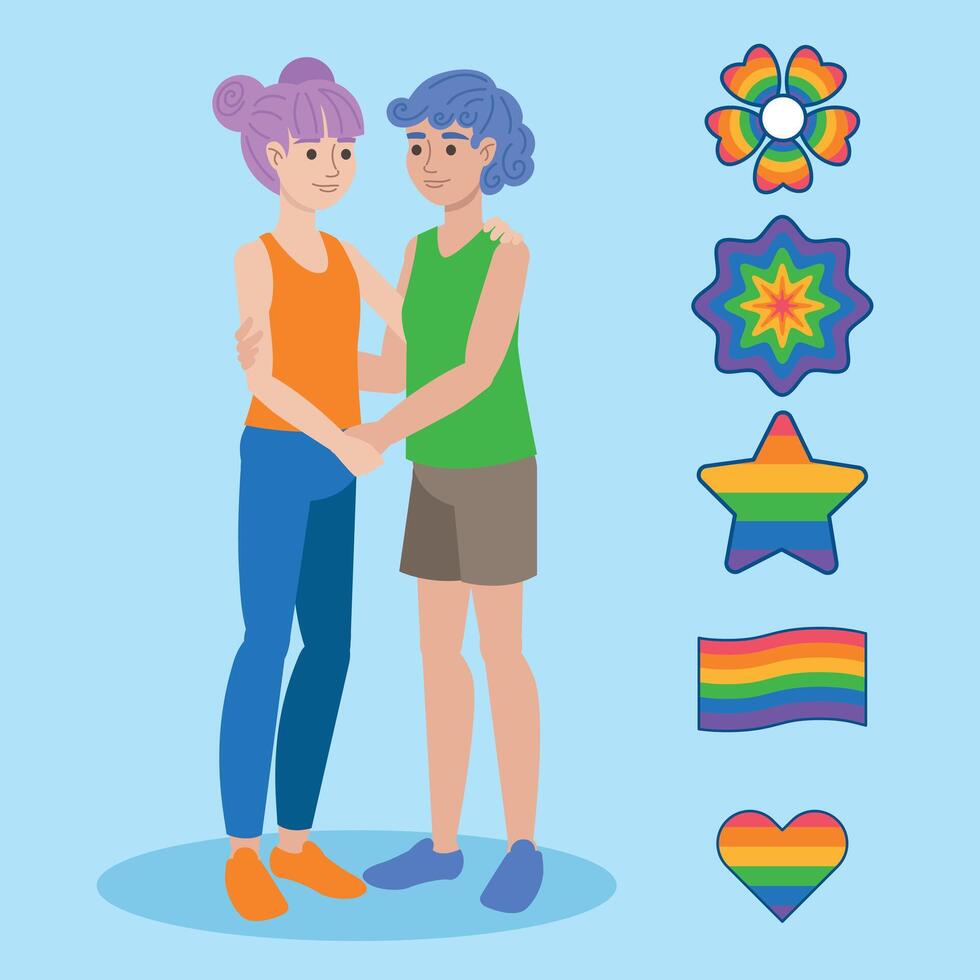 Two People Embracing with Pride Symbols vector