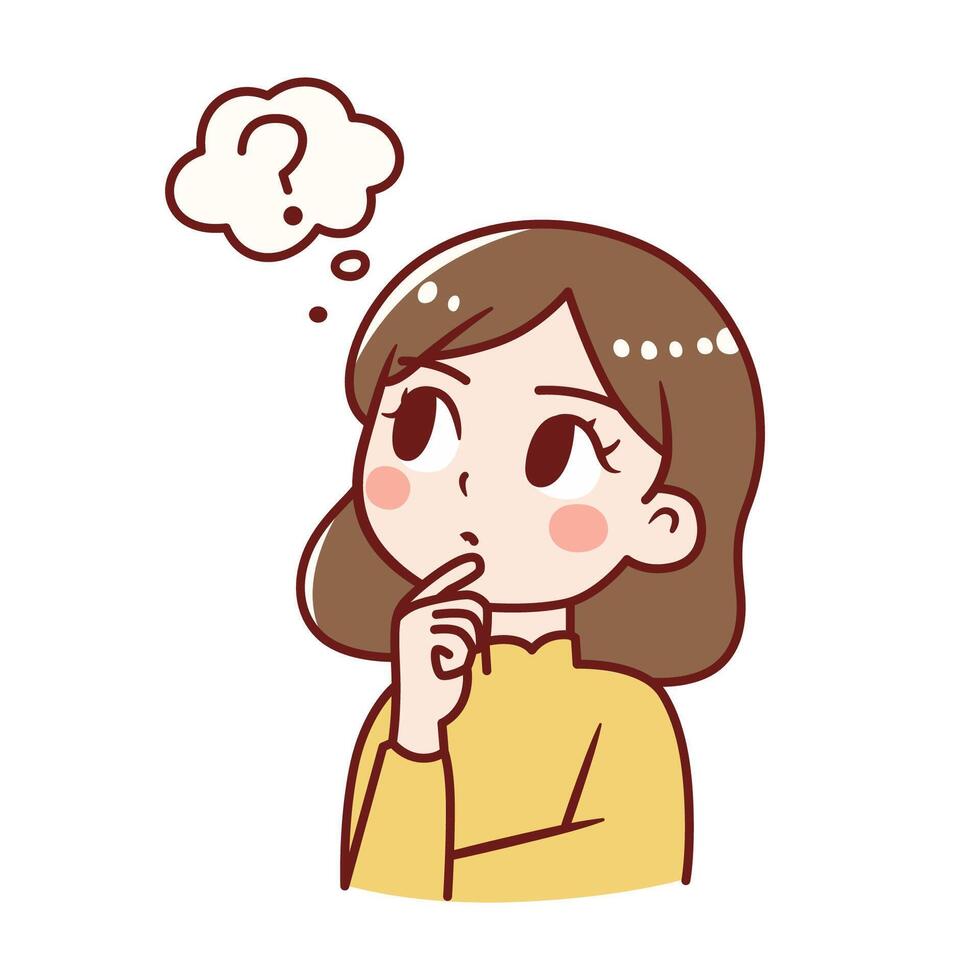 woman thinking cartoon illustration. girl cartoon character minimalist style vector