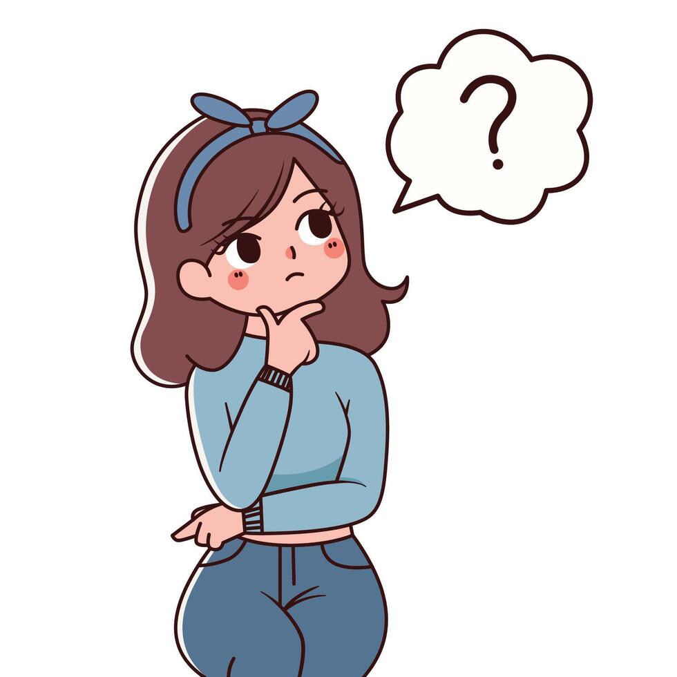 woman thinking cartoon illustration. girl cartoon character minimalist style vector