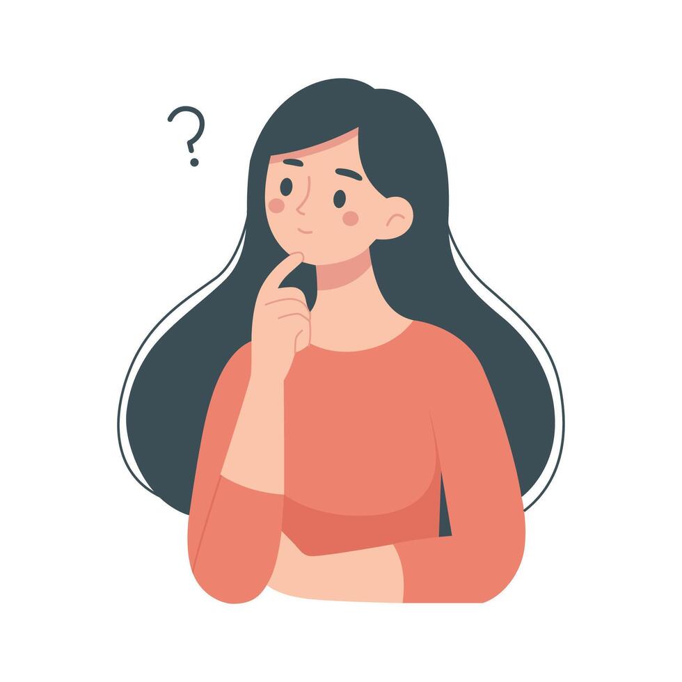 woman thinking cartoon illustration. girl cartoon character minimalist style vector