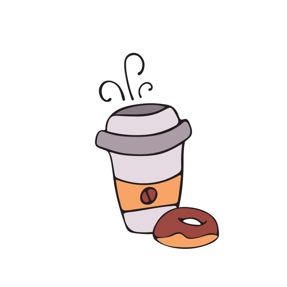 doodle illustration of a coffee cup with coffee and a donut on a white background. vector