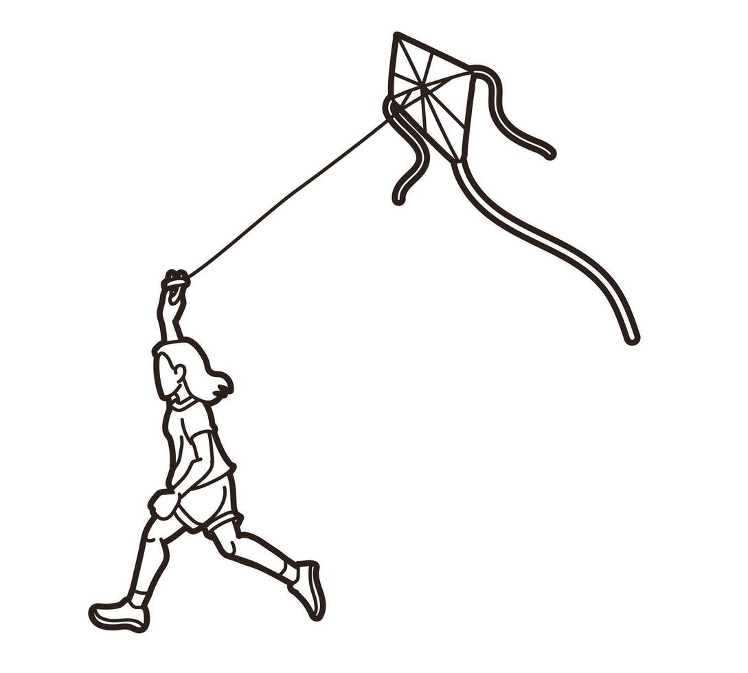 Outline A Girl Running Fly a Kite vector