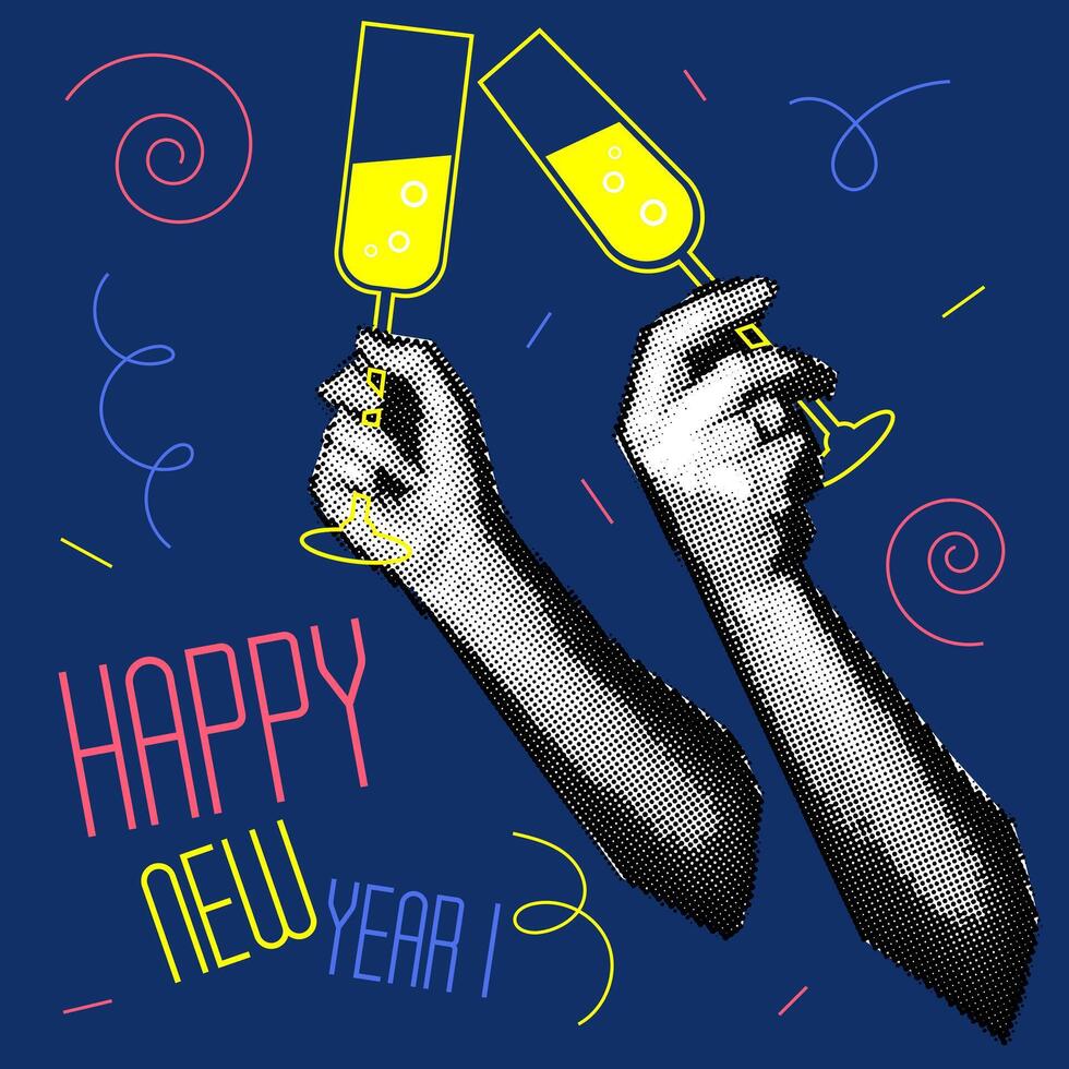 Vintage design of the New Year's banner of the 90s with the image of hands holding champagne glasses. Collage of dots. Retro party. illustration for a poster or greeting card. New Year vector