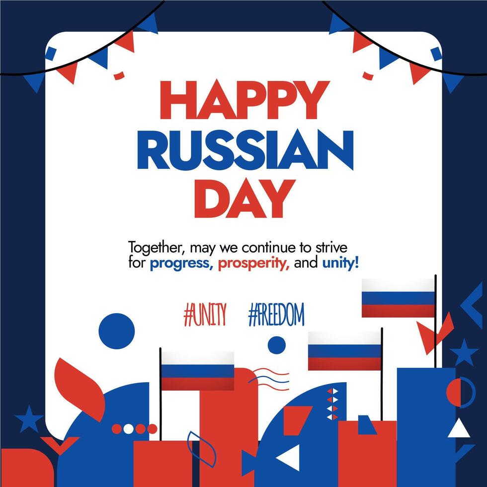 Russia Independence Day. 12th June Russian National Day design post celebration social media post. Includes Russian flag and multiple geometric modern abstract shapes and patterns vector