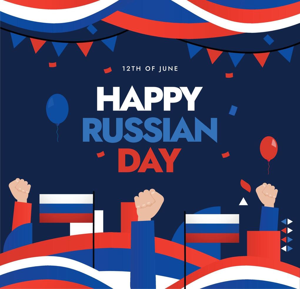 Happy Russia Day. Russian Independence day 12th June. Russia Day celebration social media post with modern curve elements, Russian flag, balloons, hand wrist in blue and red colours. vector