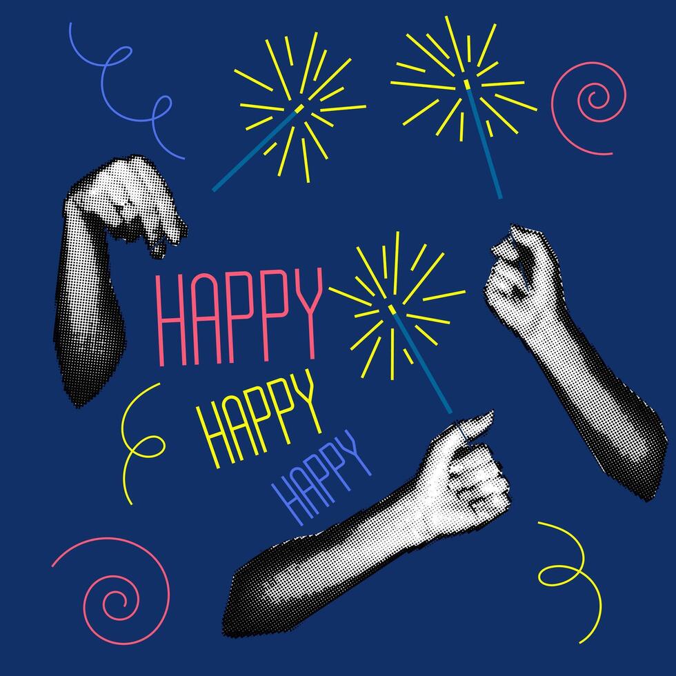 Vintage design of the New Year's banner of the 90s with the image of hands holding sparklers. A collage of dots. Retro party. illustration for a poster or greeting card. Bright shine vector