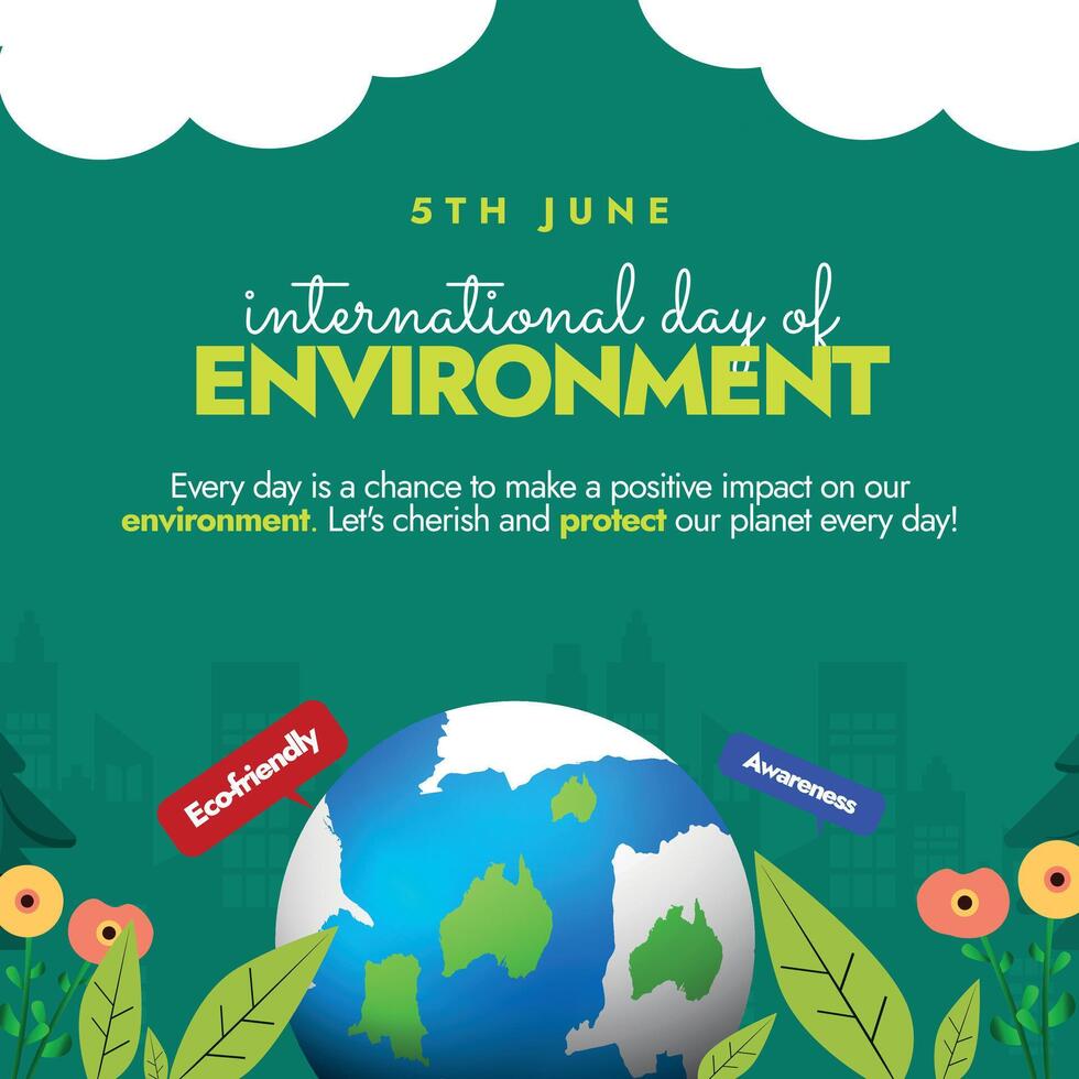 International day of Environment. 5th June Environment Day social media post with big earth globe surrounded by flowers, leaf's, trees and speech bubbles in green background. vector