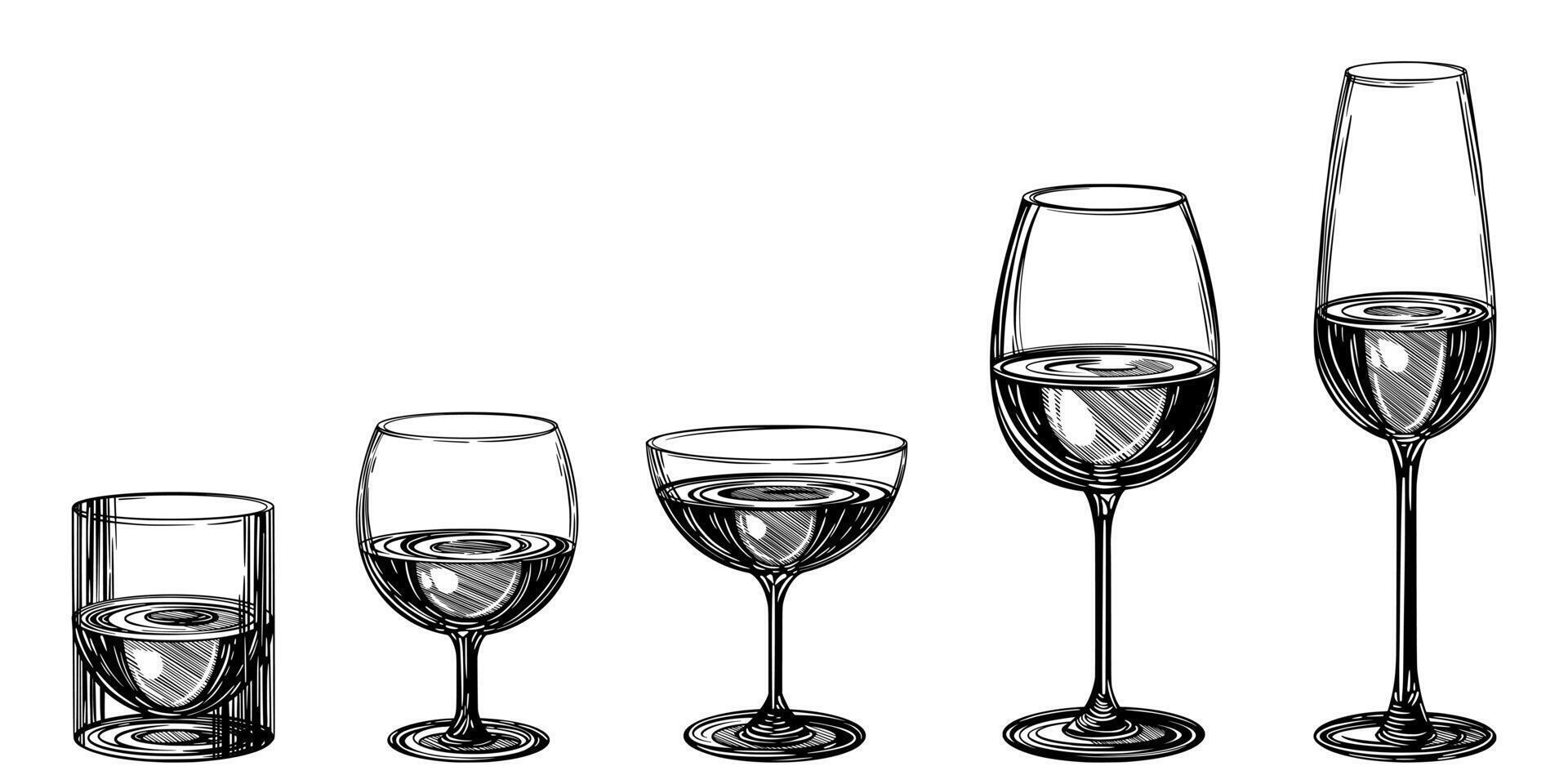 Set of wine glasses. Black ink isolated illustration in sketch line style. vector