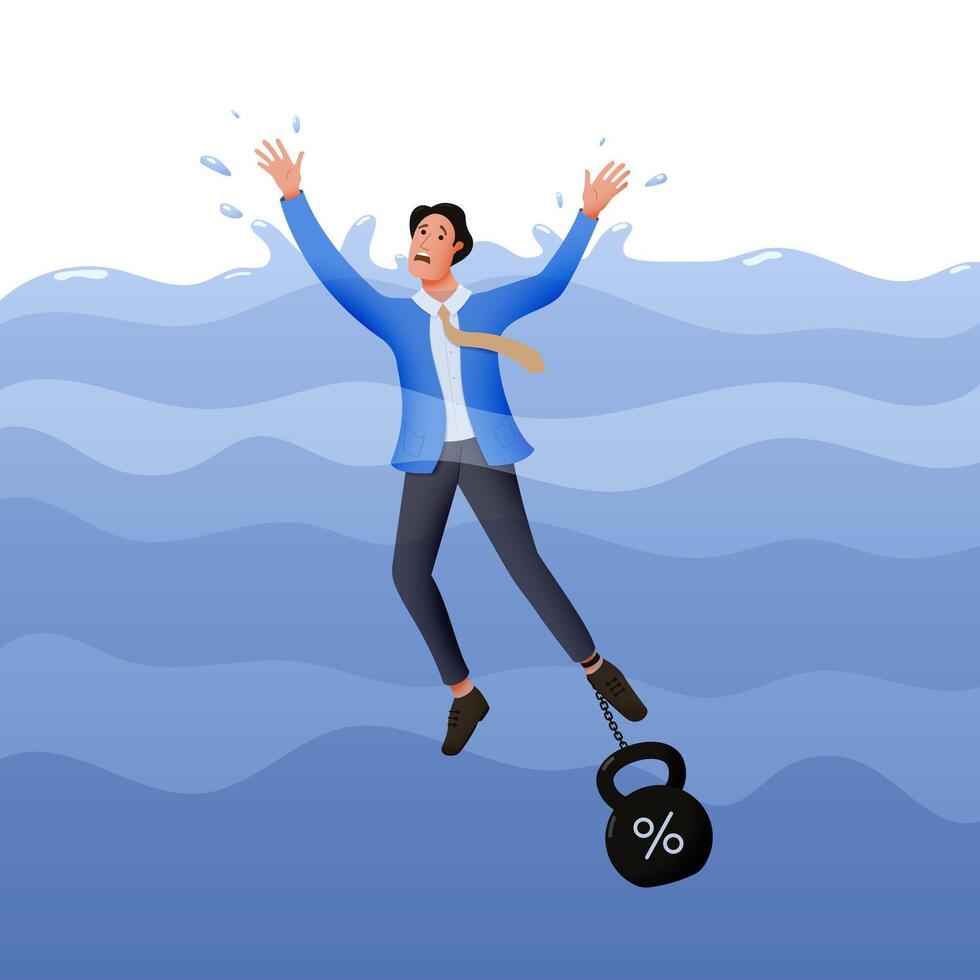 A man is drowning with a heavy weight tied with a chain to his leg. High interest rates and difficult loan payments. vector