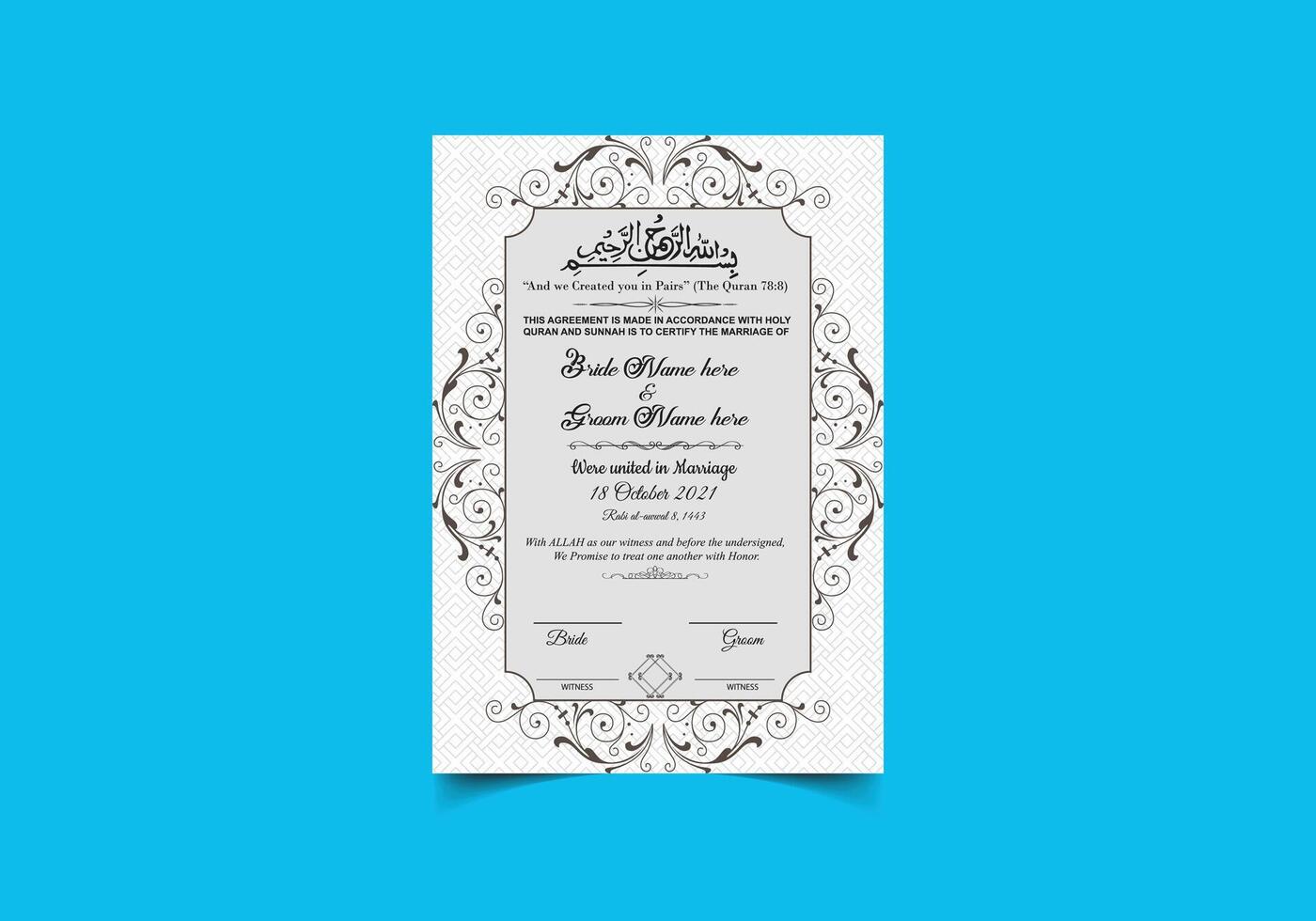 Muslim Or Islamic Marriage Certificate Design Template vector