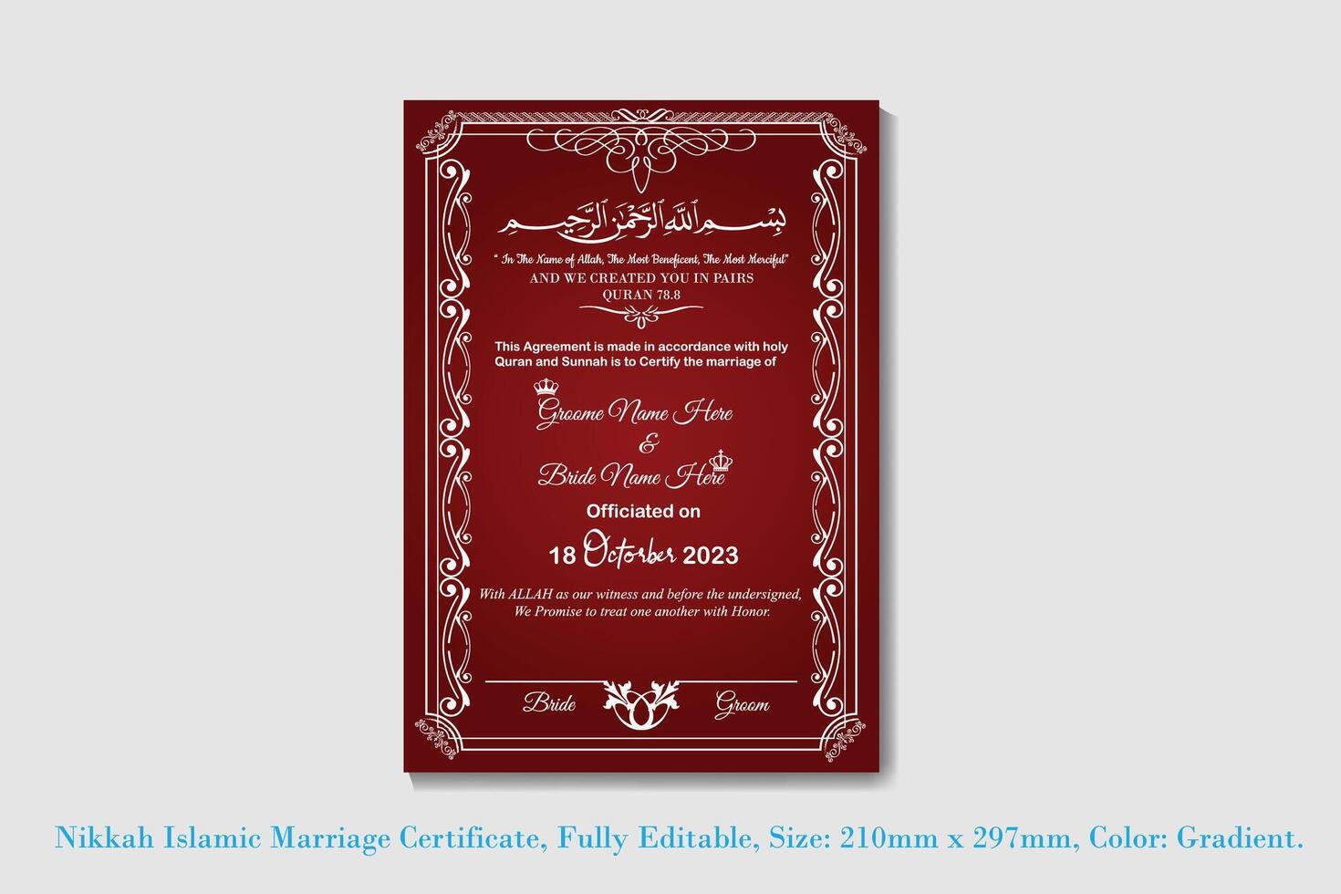 Muslim Marriage Certificate design template or Islamic Marriage certificate vector