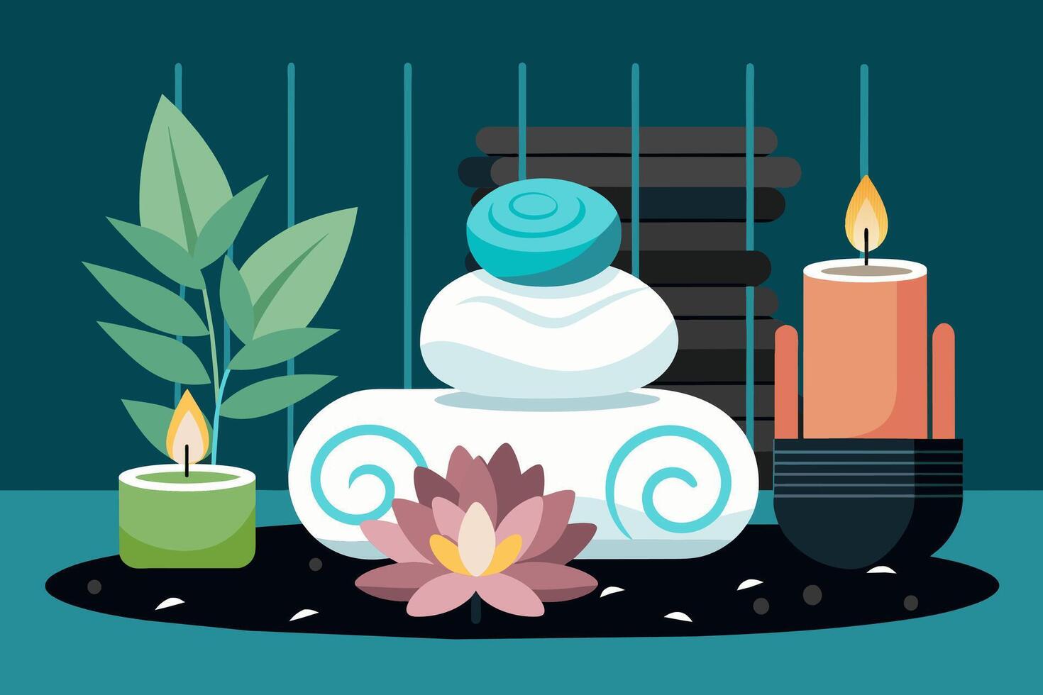Elegant spa setting with lit candles, flowers, towels. Calming wellness retreat for relaxation. Concept of luxury Thai spa, tranquility, indulgence. Graphic illustration. Print, design element vector
