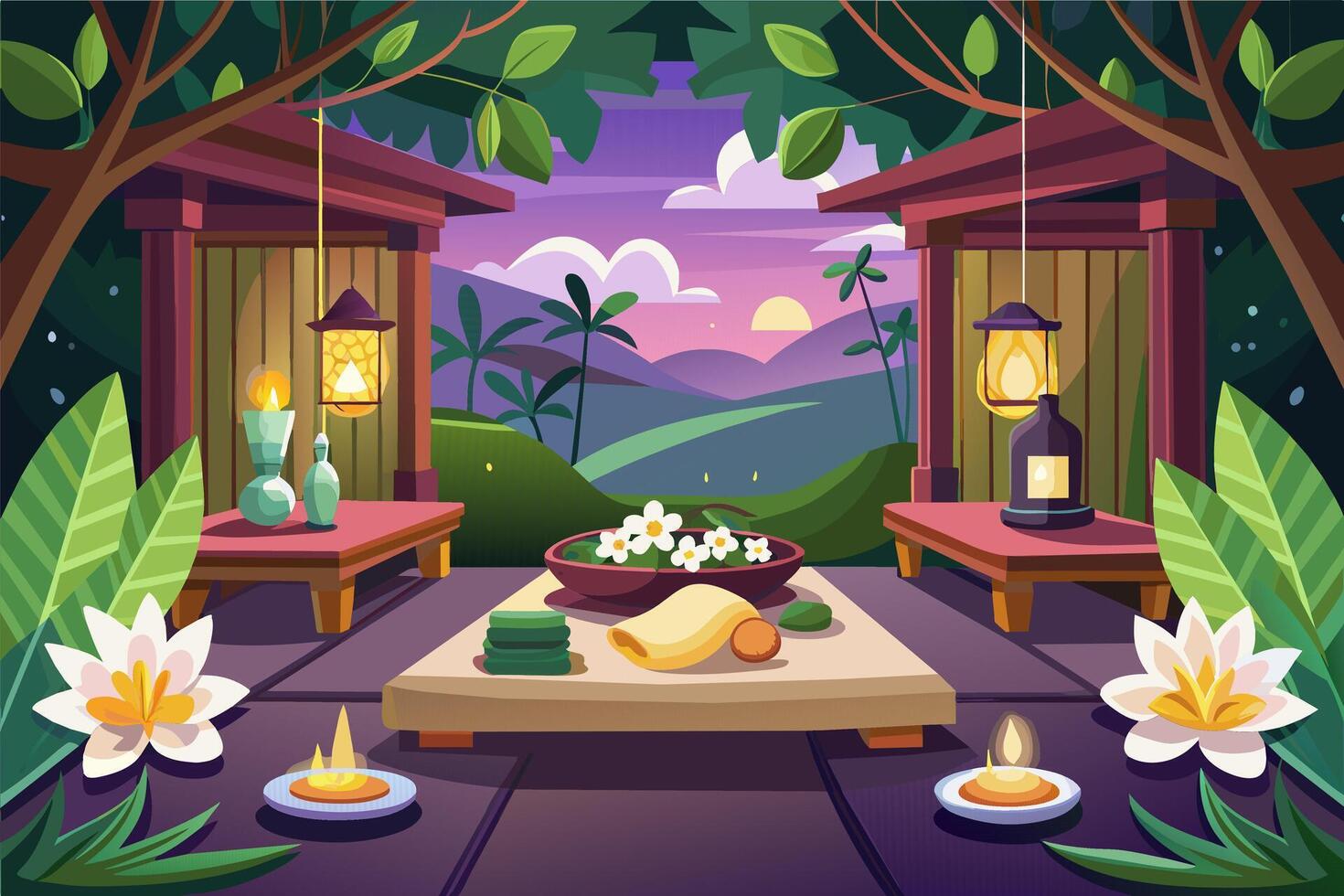 Empty Thai spa treatment room. Spa interior. Concept of relaxation, massage room, wellness, tranquility, indulgence. Graphic illustration. Print, textile, design element vector