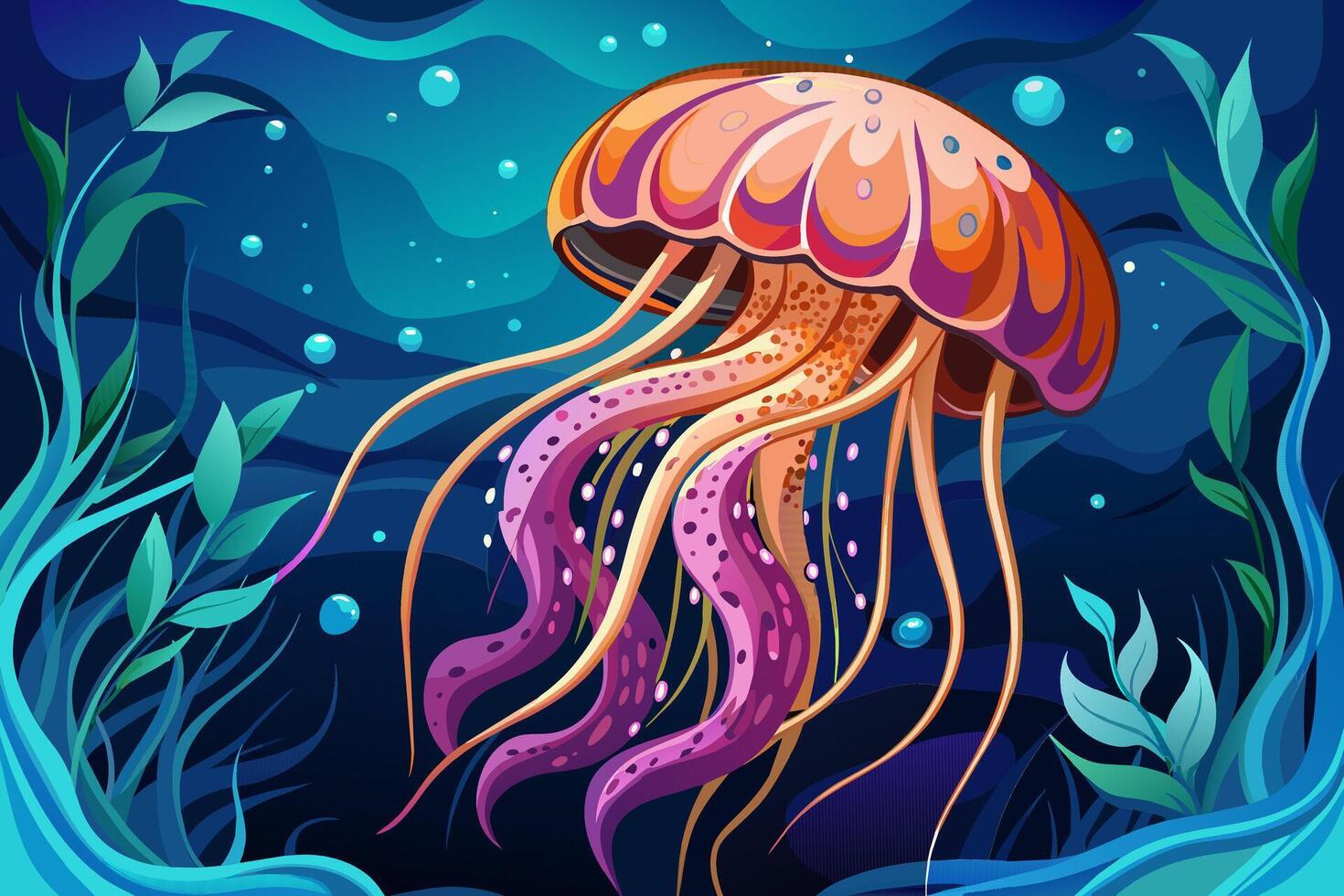 Jellyfish with flowing tentacles swimming in the ocean. Concept of ocean animal, sea creature. Graphic illustration. Print vector