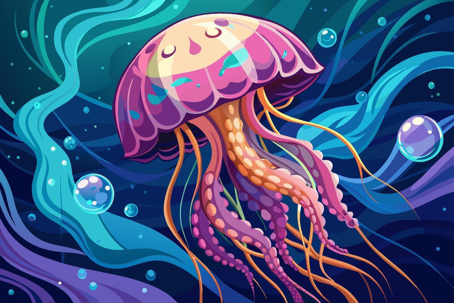 Jellyfish with flowing tentacles swimming in the ocean. Concept of ocean animal, sea creature. Graphic illustration. Print vector