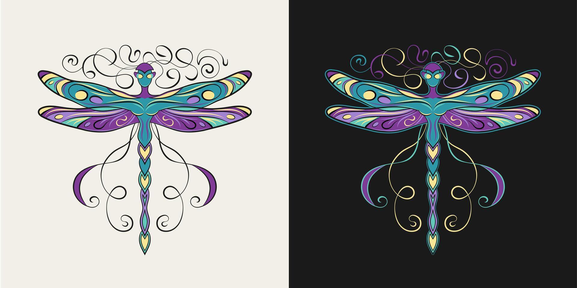 Pixie, little fairy stylized like dragonfly with curled antennae, stretched wings in Art Nouveau style. Single isolated colorful illustration in vintage style. vector