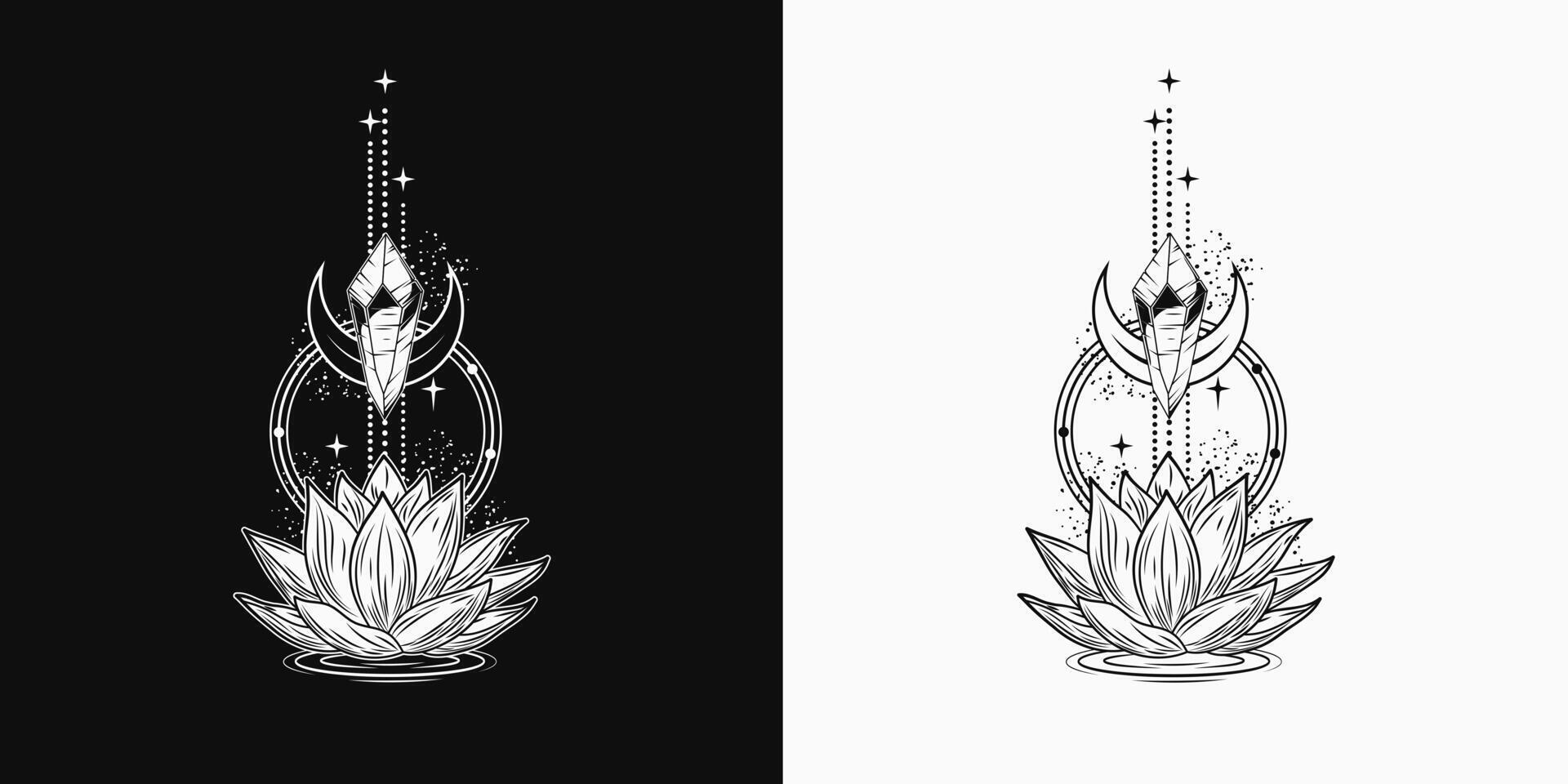 Vertical black and white composition with lotus flower, magic glowing crystal. Mysterious, mystical concept for meditation, clear consciousness. Vintage style. vector