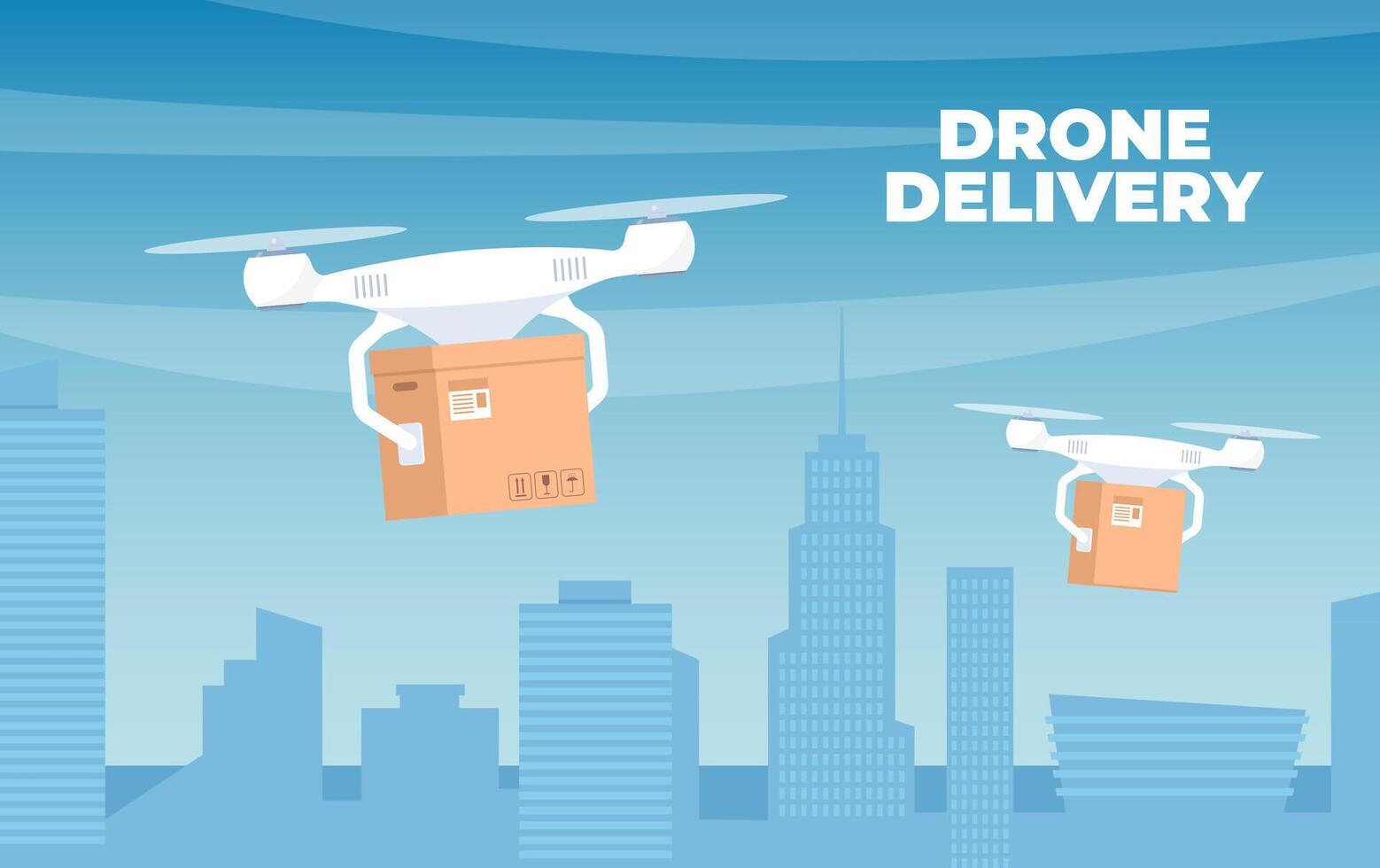 Delivery drone with the cardboard box flying over the town. Quadcopter carrying a package to customer. Technological shipment innovation. Drone delivery service. vector