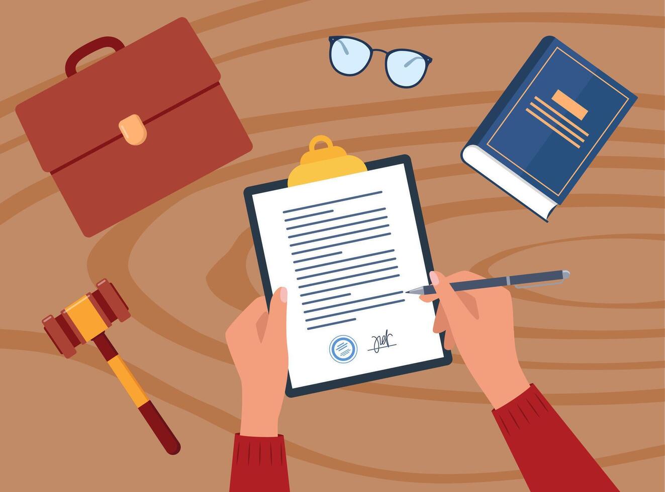 Civil law concept. Business man hand signing a paper document. Gavel and judge book on wooden table. Workplace desk top view. vector