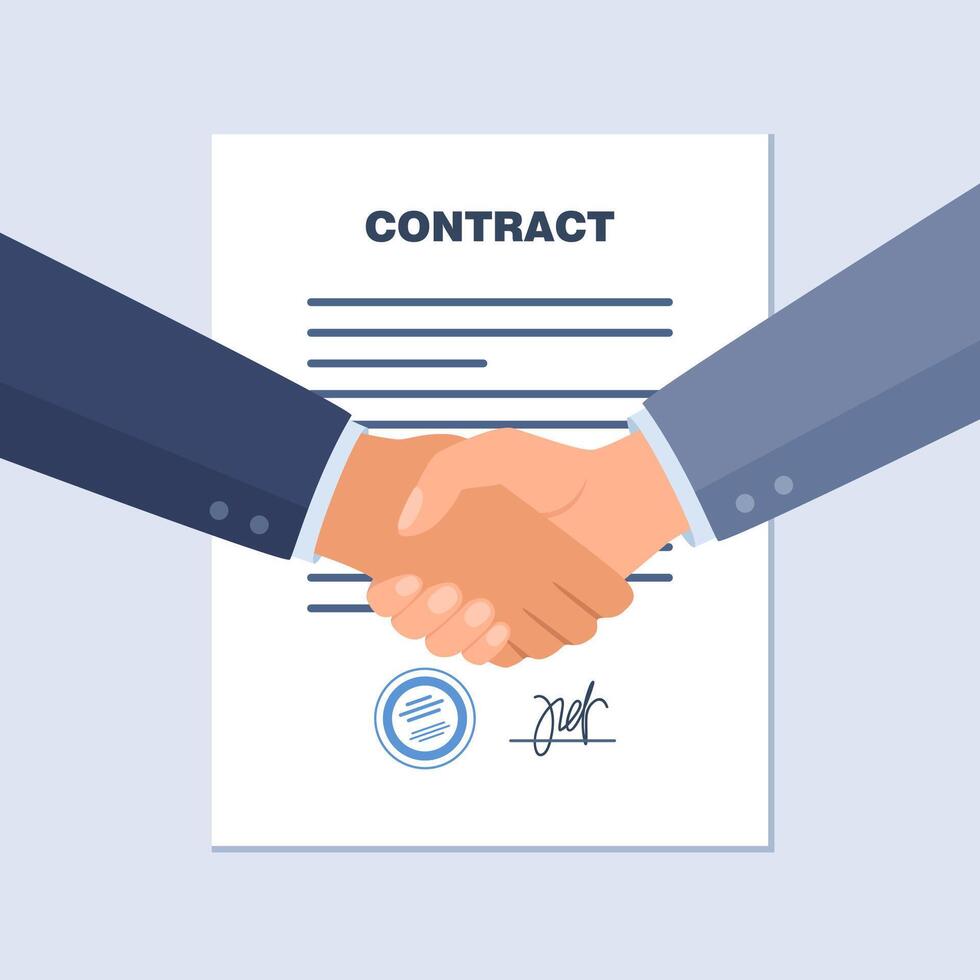 Concluding a contract, business negotiations. Two male businessmen shake hands, make a deal, sign a contract. Clipboard with agreement, contract. vector