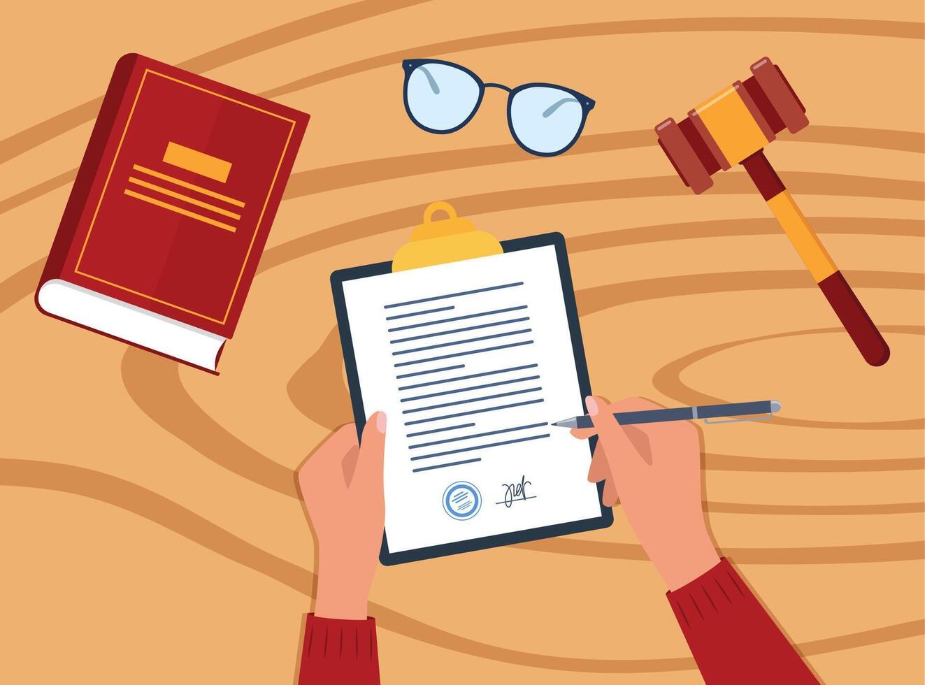 Civil law concept. Business man hand signing a paper document. Gavel and judge book on wooden table. Workplace desk top view. vector