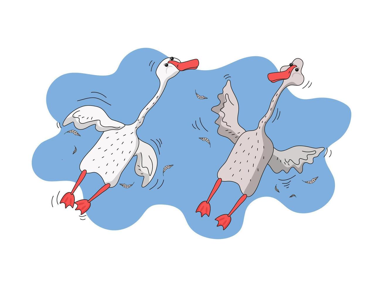 Set cute geese. Funny goose birds in different poses. Birds and feathers icons. flat cartoon illustration on isolated white background. vector