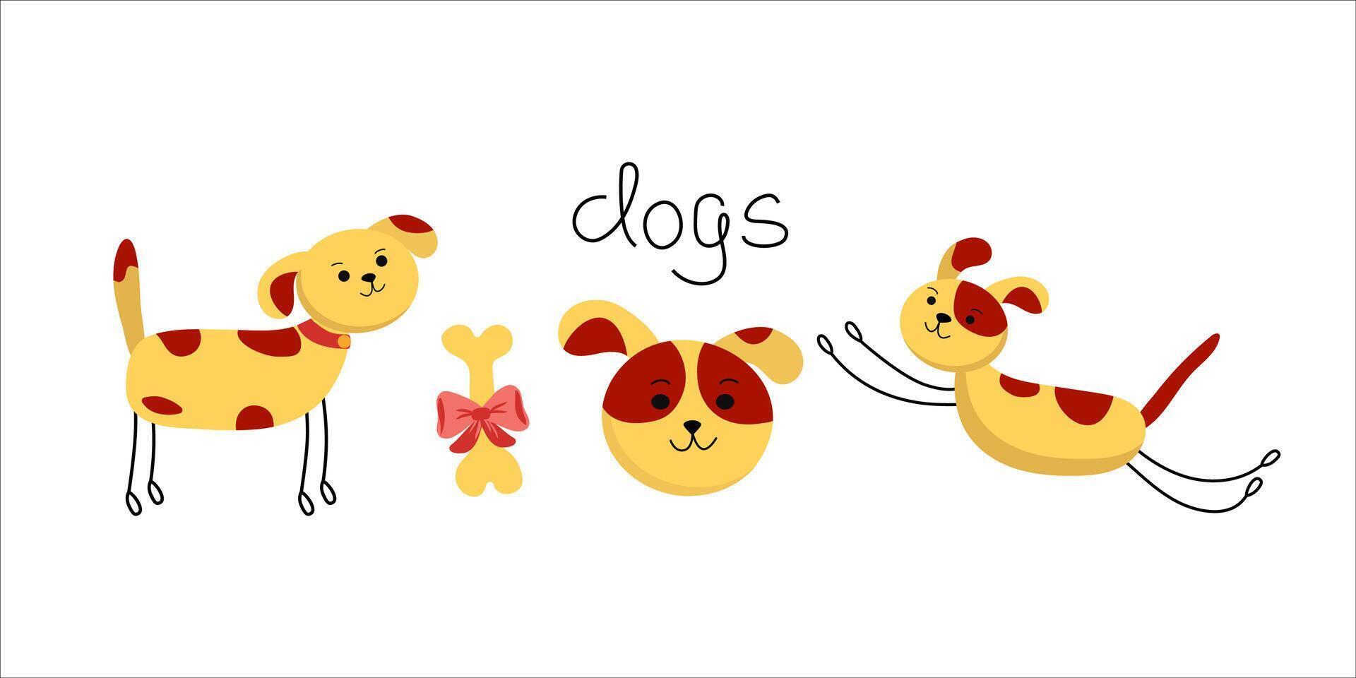 Cartoon animals, pets, dogs in different poses. Seth cute puppies. Hand lettering, illustration. Background isolated. vector