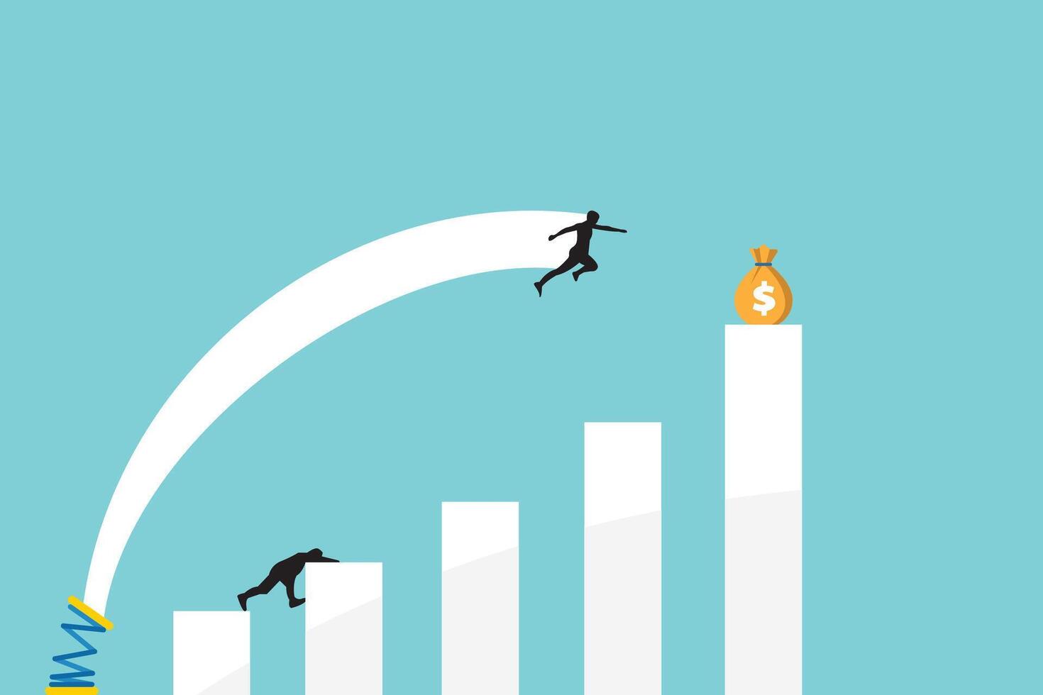 Business challenge, revenue rebound and recover from economic crisis or earning and profit growth jump from bottom concept, strong businessman jumping from trampoline back to top of growing bar graph. vector