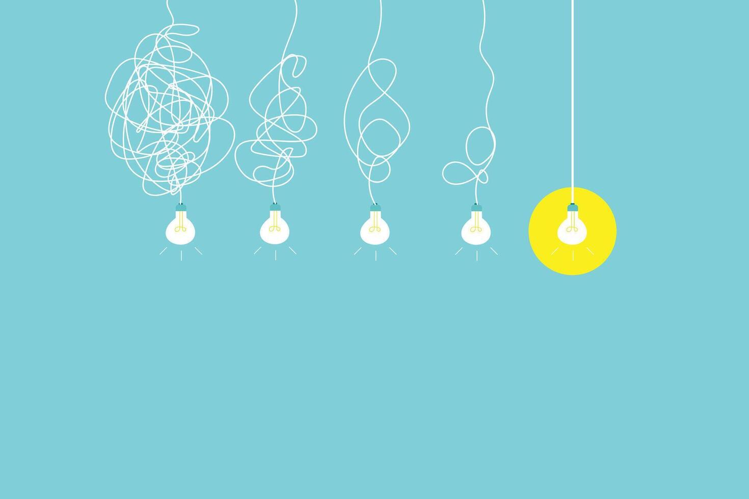 Simplifying the complex, confusion clarity or path idea concept with lightbulbs. Simplification streamlining process, straight and curve illustration. Business hiring and recruitment vector