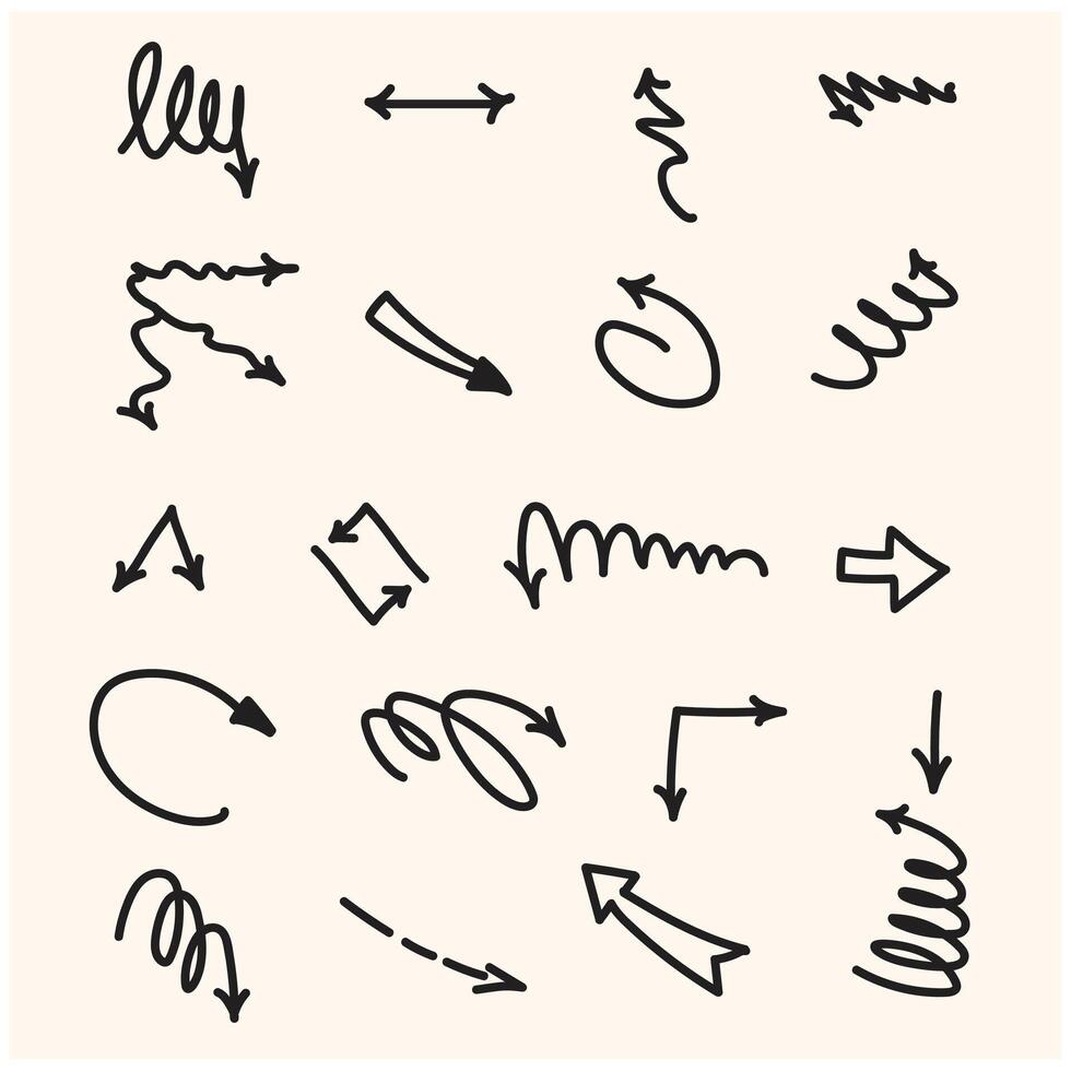 set of hand-drawn arrows with style doodle and line art vector