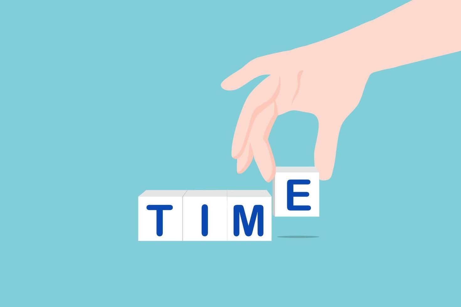 A man puts wooden blocks with the word Time. Concept of time management and proper distribution. Planning business and work. Business youth. Analysis of working time. Deficit vector