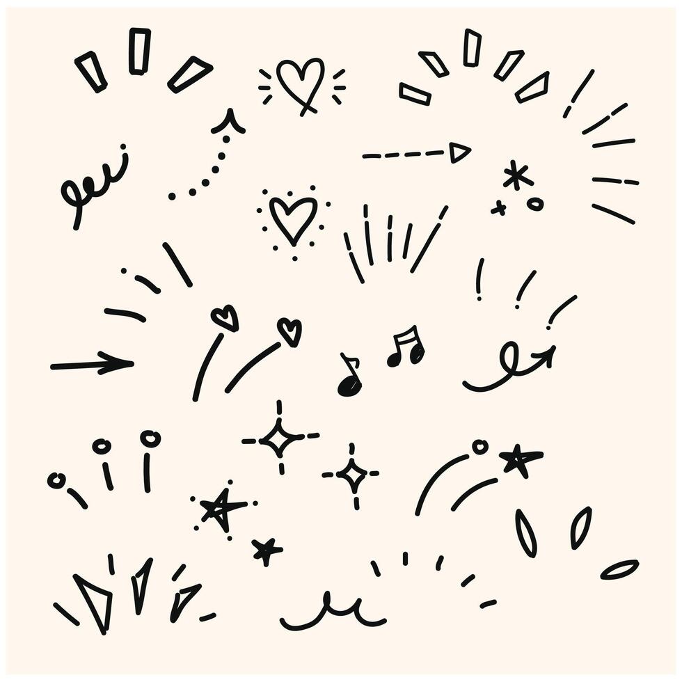 A set of abstract icons representing awareness, attention, concentration, surprise, ideas, inspiration, speech bubbles, and various with style doodle and line art vector