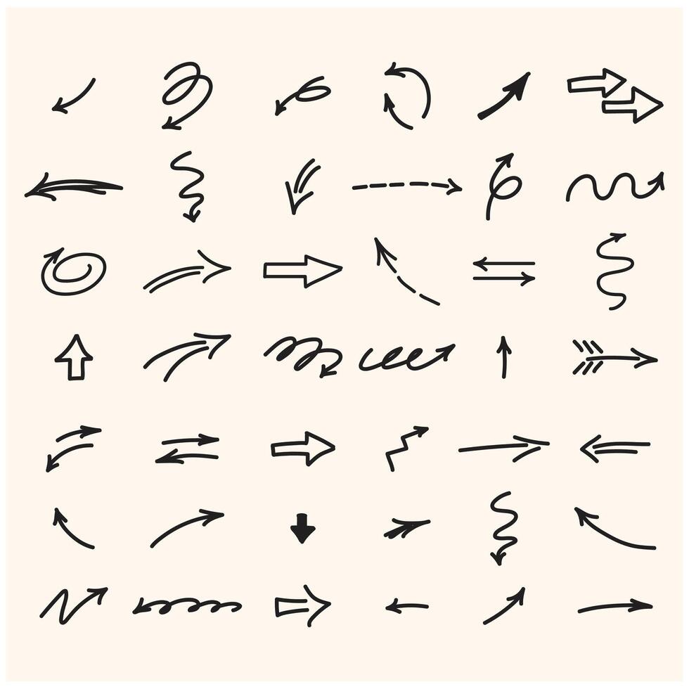 set of hand-drawn arrows with style doodle and line art vector