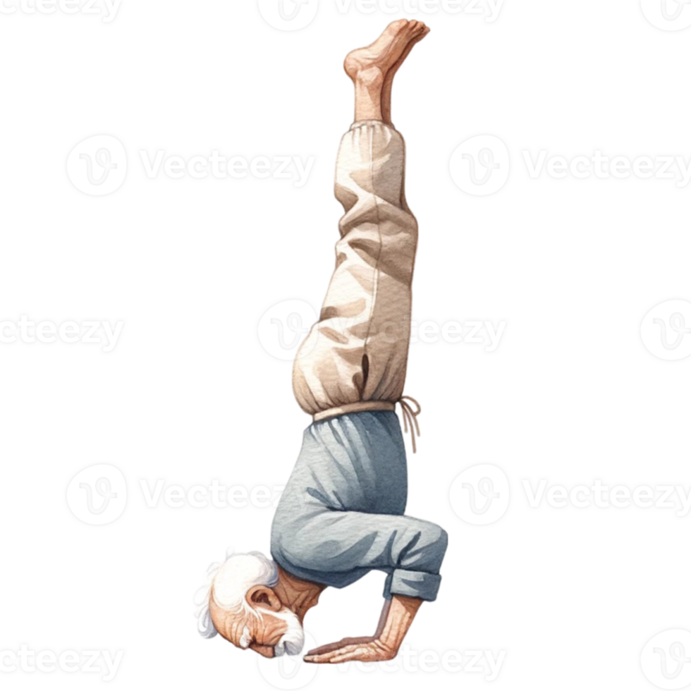 Grandfather in Yoga Clipart This digital artwork features a cheerful elderly man striking a peaceful yoga pose, illustrated with vibrant colors and a touch of whimsy. png
