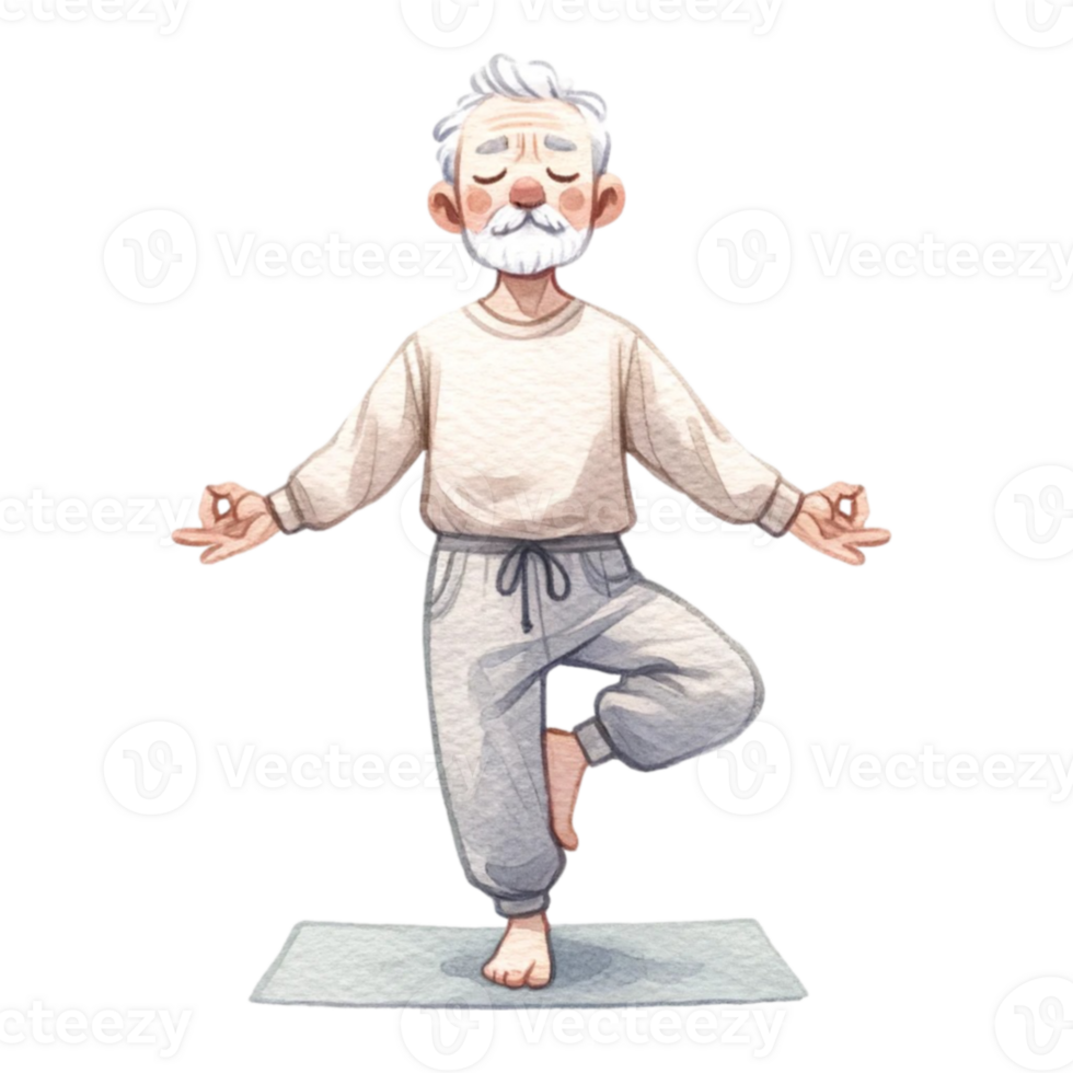 nonno nel yoga clipart Questo digitale opera d'arte Caratteristiche un' allegro anziano uomo Impressionante un' tranquillo, calmo yoga posa, illustrato con vivace colori e un' toccare di stravagante. png