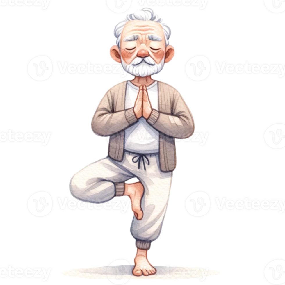 Grandfather in Yoga Clipart This digital artwork features a cheerful elderly man striking a peaceful yoga pose, illustrated with vibrant colors and a touch of whimsy. png