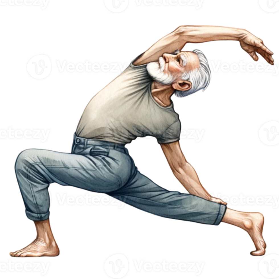 Grandfather in Yoga Clipart This digital artwork features a cheerful elderly man striking a peaceful yoga pose, illustrated with vibrant colors and a touch of whimsy. png