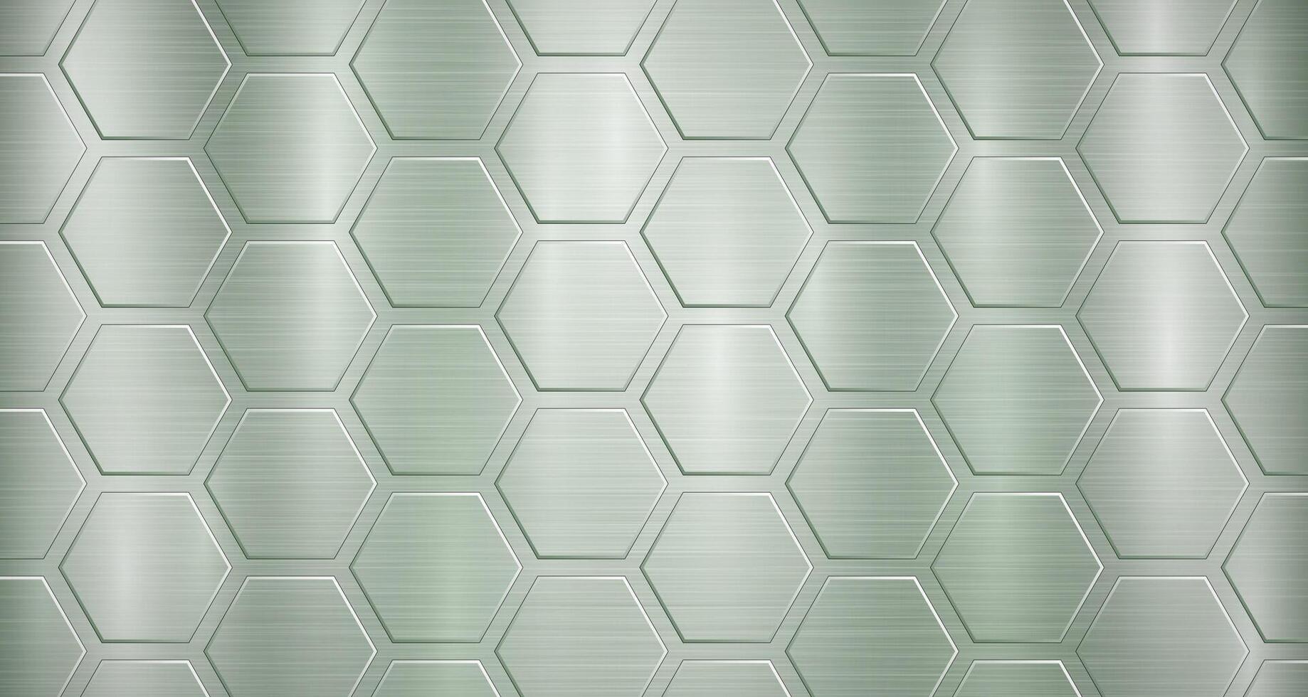 Abstract metallic background in green colors with highlights and a big voluminous convex hexagonal plates vector