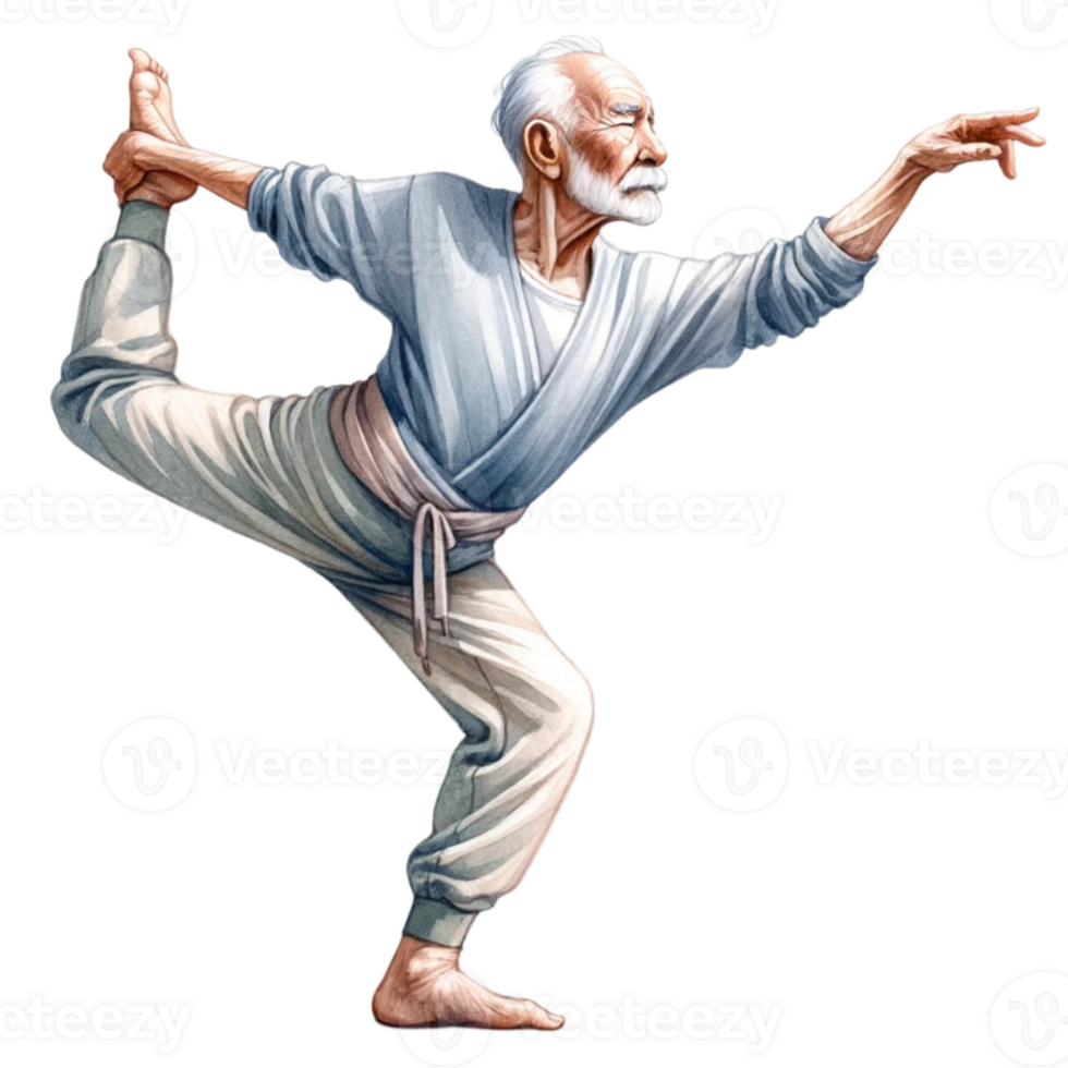 abuelo en yoga clipart esta digital obra de arte caracteristicas un alegre mayor hombre sorprendentes un pacífico yoga pose, ilustrado con vibrante colores y un toque de capricho. png