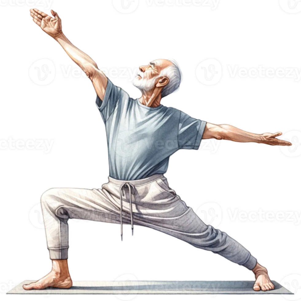 farfar i yoga ClipArt detta digital konstverk funktioner en glad äldre man slående en fredlig yoga utgör, illustrerade med vibrerande färger och en Rör av fantasier. png