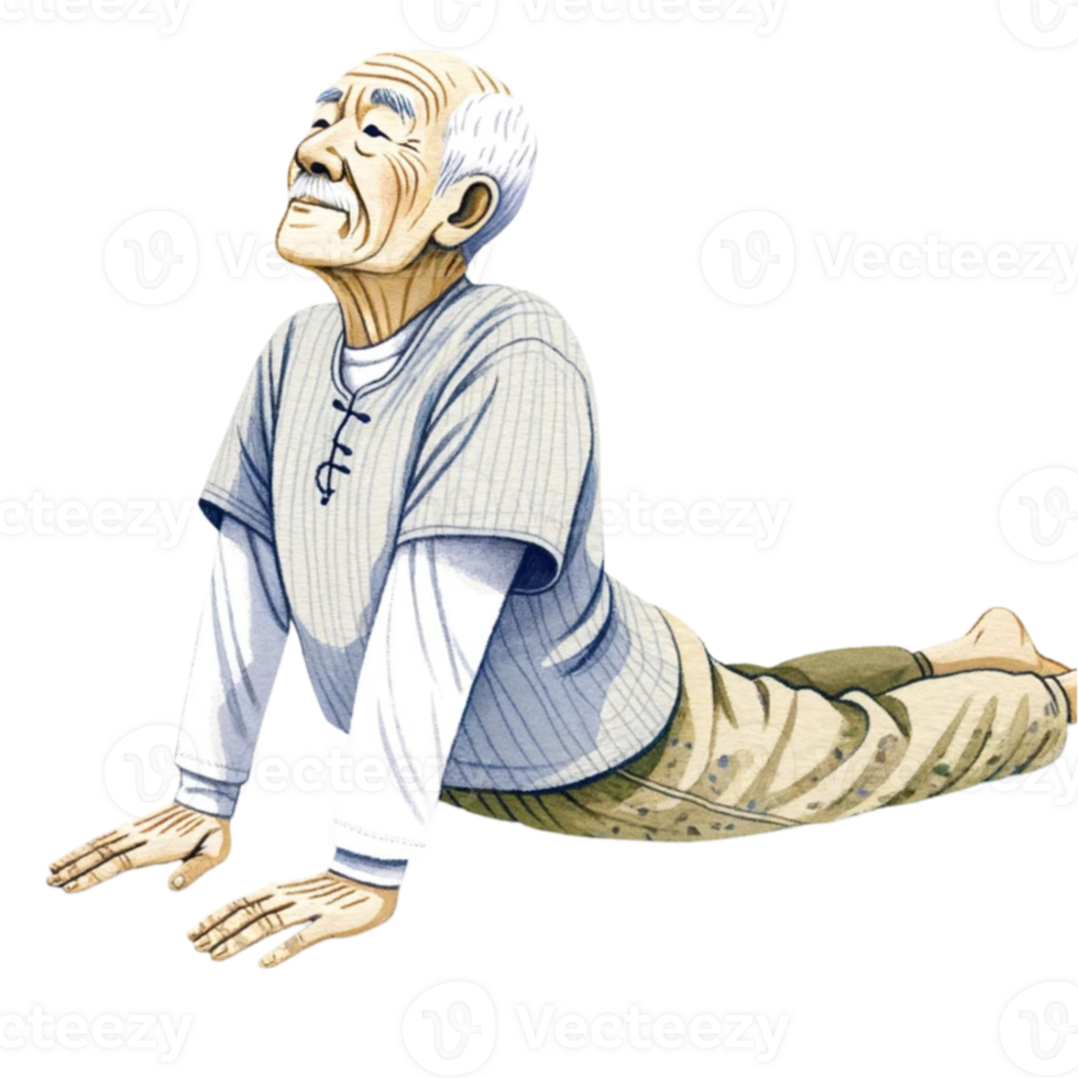 nonno nel yoga clipart Questo digitale opera d'arte Caratteristiche un' allegro anziano uomo Impressionante un' tranquillo, calmo yoga posa, illustrato con vivace colori e un' toccare di stravagante. png