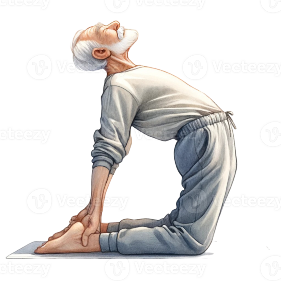 Grandfather in Yoga Clipart This digital artwork features a cheerful elderly man striking a peaceful yoga pose, illustrated with vibrant colors and a touch of whimsy. png