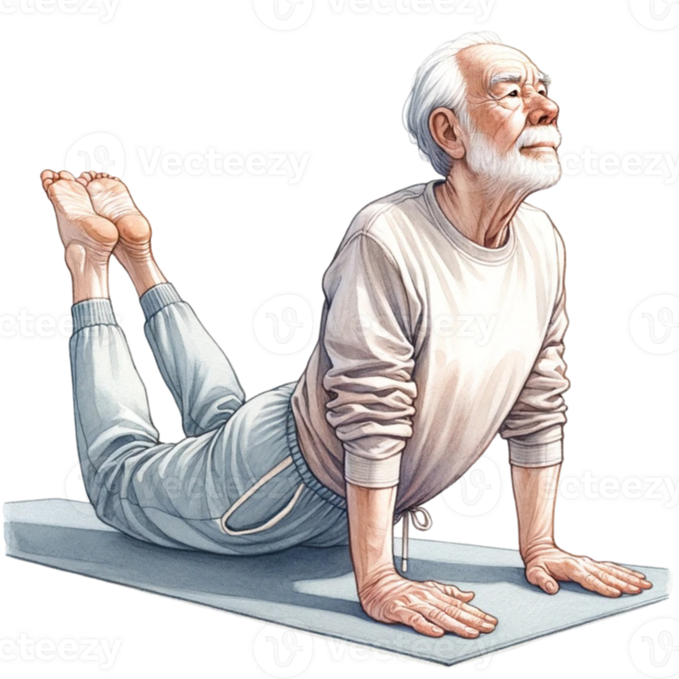 abuelo en yoga clipart esta digital obra de arte caracteristicas un alegre mayor hombre sorprendentes un pacífico yoga pose, ilustrado con vibrante colores y un toque de capricho. png