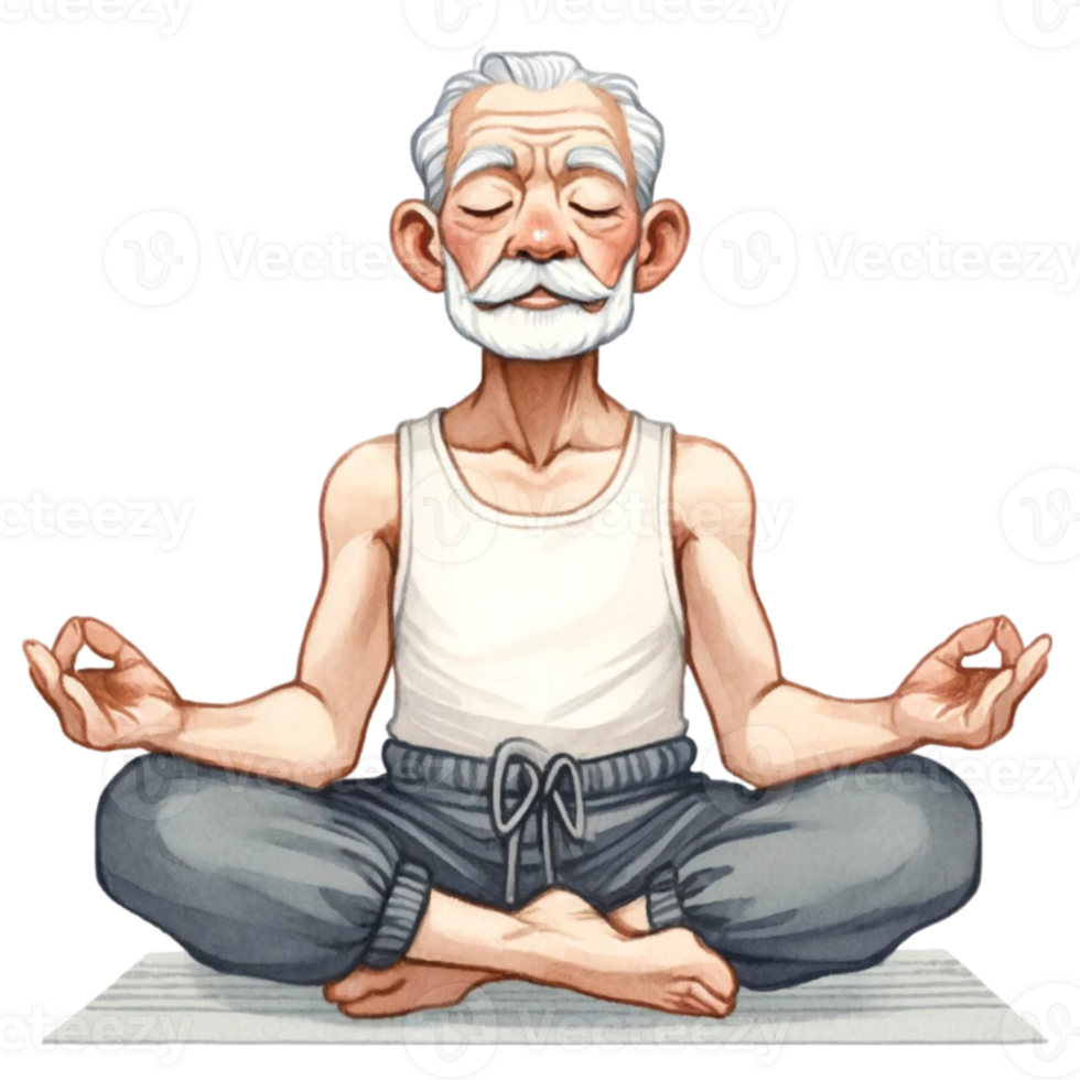 Grandfather in Yoga Clipart This digital artwork features a cheerful elderly man striking a peaceful yoga pose, illustrated with vibrant colors and a touch of whimsy. png