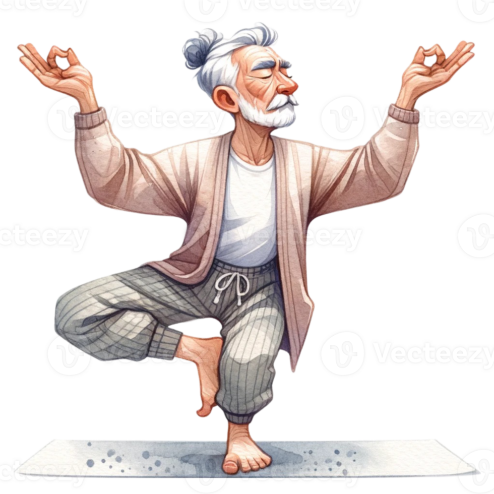 nonno nel yoga clipart Questo digitale opera d'arte Caratteristiche un' allegro anziano uomo Impressionante un' tranquillo, calmo yoga posa, illustrato con vivace colori e un' toccare di stravagante. png